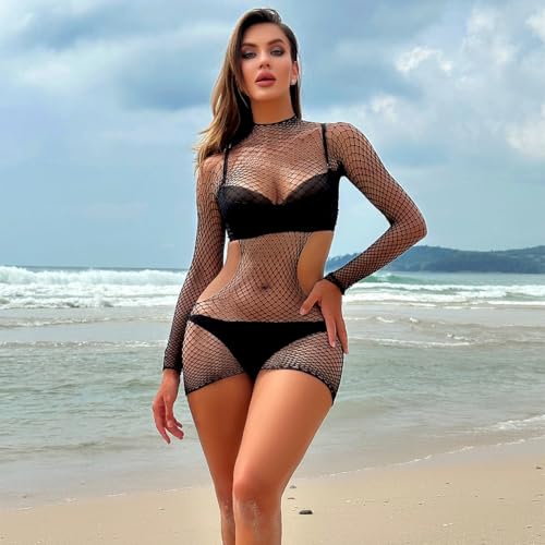 Womens Lingerie for Women Sexy Fishnet Dress Mesh Bodysuit Hollow Out Babydoll One Piece Bodycon Nightdress See Through Beachwear Clubwear Black