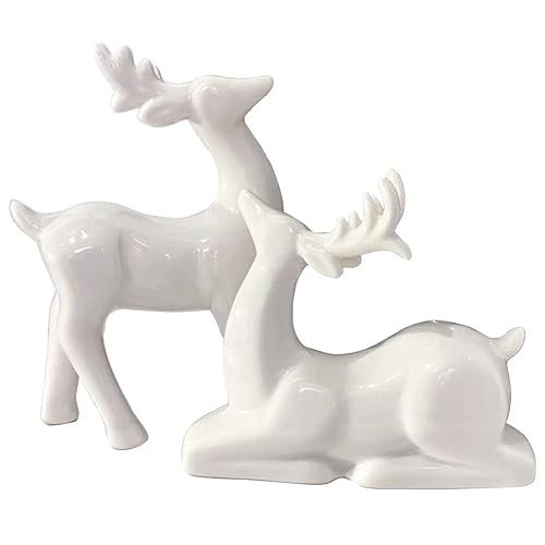 Porcelain Christmas Reindeer Figurines, Pack 2 Mini Animal Reindeer Decor