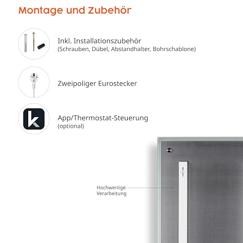 Könighaus Spiegel Infrarotheizung - 600W inkl. Thermostat - Energiesparende Spiegelheizung mit & 5 Jahren Garantie - Infrarot Wandheizung - Wärmt in 2 Minuten & beschlägt nicht