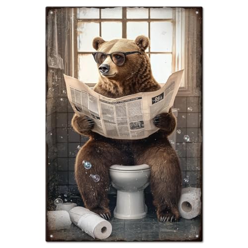 GLOBLELAND Plaque en Métal Vintage Représentant un Ours Lisant un Journal pour Salle de Bain Toilettes 12x8 pouces Décoration Murale Amusante pour Maison...