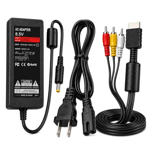 PS2 Slim Power Supply AC Adapter & AV Cable Bundle Kit Compatible with Sony PlayStation 2 PS2 Slim SCPH-70000 SCPH-90000 Replacement Charger Cord Power Cable Video Audio AV Cord for Gaming Console