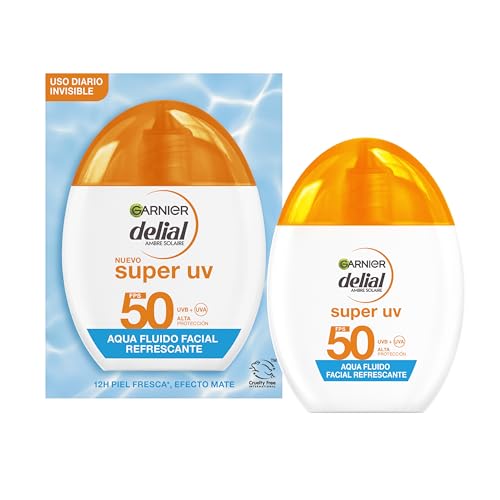 Garnier Delial Super UV Aqua Fluido Facial Refrescante con Color con [Ácido Hialurónico] Muy Alta Protección FPS 50+. 12H piel Fresca y Efecto Mate. Textura muy fresca y acuosa. 40 ML