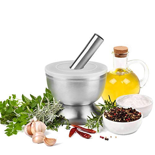 Flexzion Brushed Stainless Steel Mortar And Pestle Set W/Lid, Anti-Slip Bottom - Solid Metal Grinder Pill Crusher Bowl Holder For Guacamole Herbs Spices Garlic/Kitchen Cooking Medicine 4-3/4 Inch #TOP3