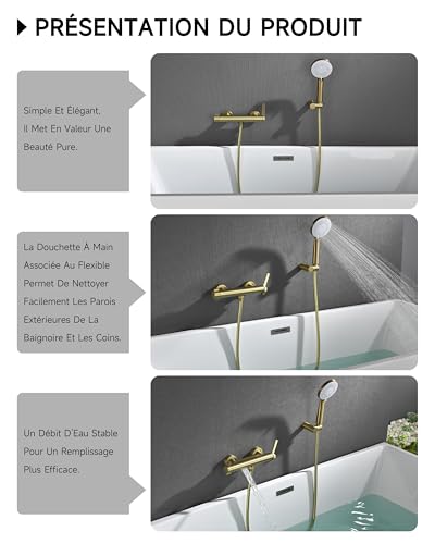 Mitigeur baignoire cascade or brossé avec douchette à main et flexible 1,5m