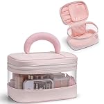 VLANDO Travel Makeup Bag, Large Travel Toiletry Bag for Women Girl, Waterproof Cute Cosmetic Bag with Handle, Clear Make up Bag for Cosmetic, Brushes, Skincare-Apricot Pink