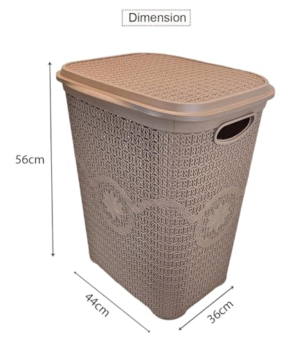BH | 65L - Plastic Laundry Basket | Brown | Large | Knitted/Rattan Style | With Lid | Durable, Lightweight | Clothes Washing Bin Basket Hamper for Bathroom Bedroom (Pack of 1) - By BEST HOUSE - Image 2