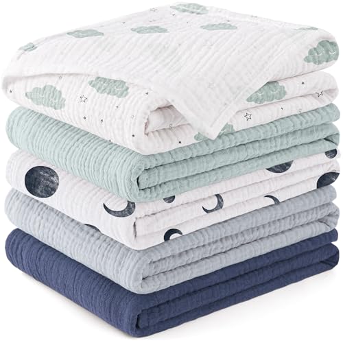 Susurration Mulltücher Baby Spucktücher,5er-Pack 100% Baumwolle Spucktücher Baby für Jungen und Mädchen, Weich, Atmungsaktiv und Extrem Saugfähig Musselin 60x60cm (Blauer Druck)