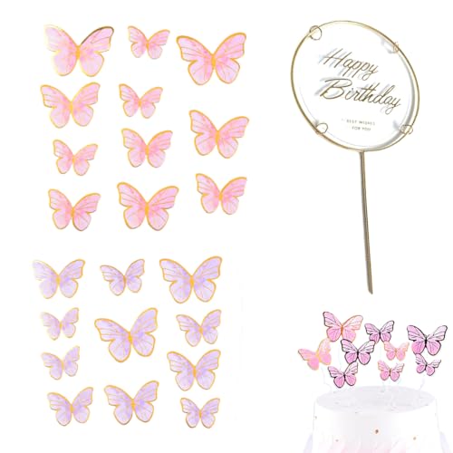 KEQAR 23 Pezzi 3D Farfalle Decorative Torta Compleanno Cupcake Topper (Rosa & Lilla)