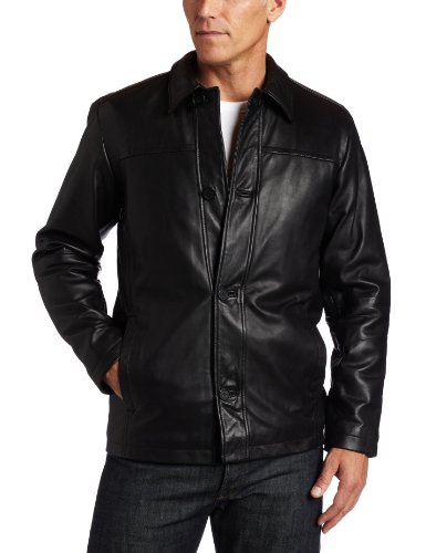 Perry Ellis Men's Lambskin Leather Button Front Jacket, Black, L