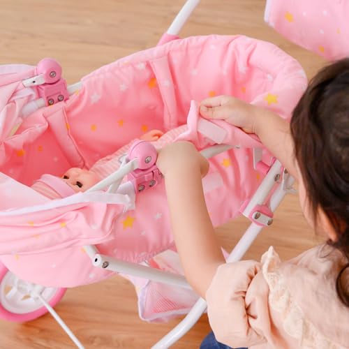 Olivia's Little World - Play Baby Doll Bassinet Stroller, Baby Doll Pram Stroller Buggy for 3 4 5 Year Old Girls, Toy Stroller for Toddlers 1-3, Twinkle Stars Princess Deluxe Toy Stroller - Pink/White by Olivia's Little World - Image 8