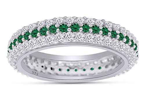 3-Row Eternity Wedding Band Ring With Emerald & White CZ In 925W Silver,7