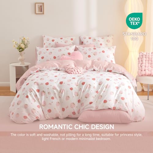 Image of Girls Duvet Cover Set Twin Size Pink White Strawberry and Heart Pattern Reversible Bedding Set Cartoon Cute Style,Soft Microfiber Comforter Cover with Zipper Closure and 1 Pillowcase