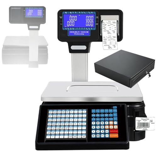 Oiyekntd Balance avec imprimante d'étiquettes, Balance électronique Commerciale pour l'alimentation avec imprimante d'étiquettes et de Tickets de Caisse, présentoir sur Pied Machine+Cashbox
