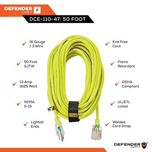 Defender Cable 16/3 Gauge, 50 Ft Sjtw Contractor Grade Extension Cord, With Lighted End,Ul/Etl Listed, All Purpose (Osha Compliant) #TOP3