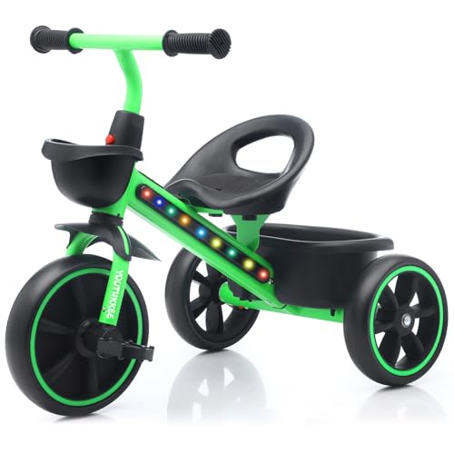 Kids Tricycle with Colorful LED Lights for Toddlers 1-3 Years, Stable 3-Wheel Design & Storage Basket for Fun Indoor Outdoor Ride, Gift for Baby Boy Girl