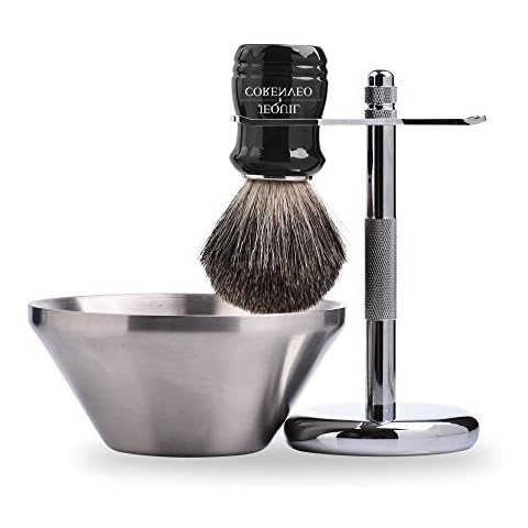 Je&Co Shaving Set,Pure badger Hair Shaving Brush with Steel Stand and Steel Bowl Cover