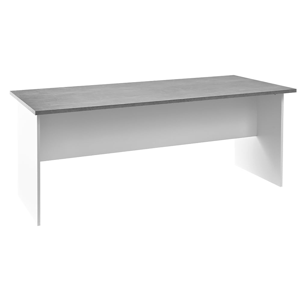 Shally Dogan Scrivania da Ufficio in Legno per Computer, Tavolo Desk Porta PC Studio, Lavoro, Cameretta, Postazione Home Office Moderno, Resistente Urti Graffi, 180 x 80 x 74 cm (Cemento e Bianco)