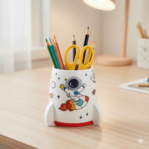 Image of AccuPrints Sumiko Cute Astronaut Pen Pencil Holder, Pen Stand for Office Desk Organizer, Creative Pen Cup Organizer for Kids, Desk, School Classroom, Office (White)