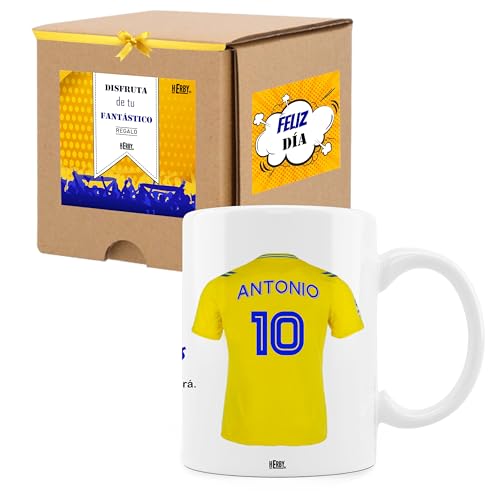 Taza de Las Palmas personalizada con nombre y número, diseños de tazas de futbol para fans de Las Palmas, tu equipo favorito en taza de cerámica de café, té, chocolate 325 ml(LasPalmascerámica)