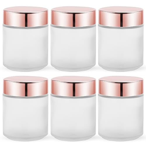 Furnido 6 Pack 8 oz Frosted White Round Glass Jars,Empty Glass Cosmetic Jars with Rose-Golden Lids,Inner Liners for Lotion,Powders,Ointments,Body Butter,Candle Making