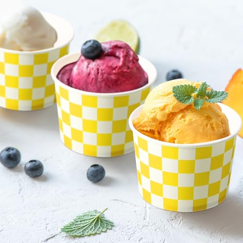 Image of Zopeal 50 Count Yellow Checkered Ice Cream Cups Disposable Race Car
