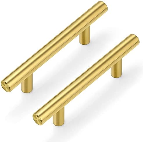Plustool 30Pack 3''Hole Centers Gold Cabinet Handles-Brushed Brass Cabinet Pulls Gold Dresser Drawer Pulls-Stainless Steel Door Hardware Handle for Kitchen Bathroom Bedroom Furniture-5''Overall Length