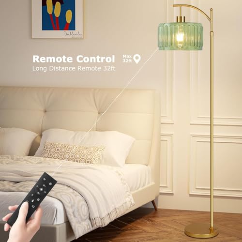 Image of QIYIZM Glass Floor Lamp for Living Room,Bedroom,Gold Dimmable Standing Lamp with Remote,Mid Century Modern Brass Tall Lamp Boho Vintage Retro Floor Lamps Arc Green Flower Floor Light Lamp Bohemian