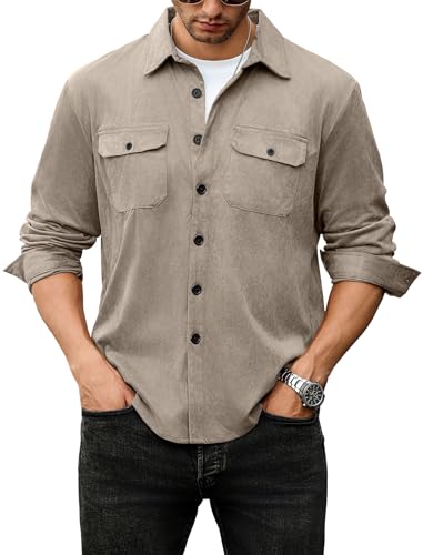 Image of ZAFUL Men's Faux Suede Button Down Shirts Jacket Lightweight Shirt Jacket Long Sleeve Work Coat Solid Color Overshirt