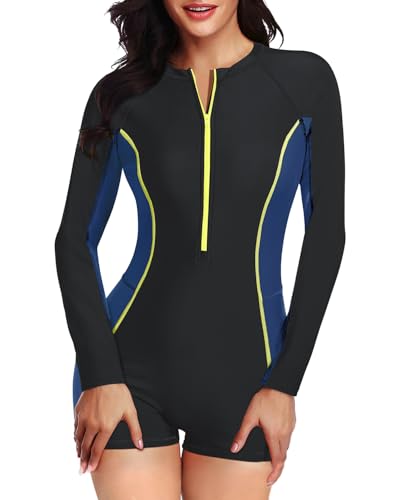 Image of Daci Women Long Sleeve Rash Guard One Piece Boyleg Swimsuit Zipper Surfing Bathing Suit UPF 50+