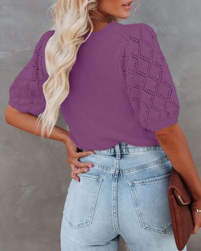 Image of Womens Short Sleeve Sweaters Crewneck Knit Pullover Tops 2025 Summer Casual Lightweight Crochet Blouse Shirt