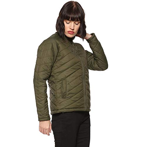 Image of Campus Sutra Women's Olive Green Quilted Puffer Jacket With Zip Closure For Casual Wear | Hooded Neck | Long Sleeve | Zipper Closure | Polyester Jacket Crafted With Comfort Fit For Everyday Wear