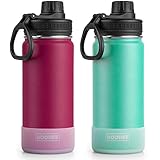 koodee 18 oz Water Bottle 2 Pack Stainless Steel Vacuum Insulated Sports Water Bottle with Leakproof Spout Lid, BPA Free (Fuchsia Red-Teal)