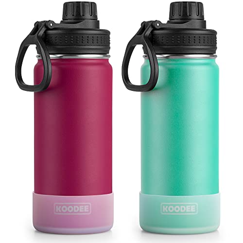 Image of koodee 18 oz Water Bottle 2 Pack Stainless Steel Vacuum Insulated Sports Water Bottle with Leakproof Spout Lid, BPA Free (Fuchsia Red-Teal)