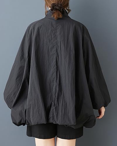 ellazhu Women's Coat Solid Zipper Up Puffed Bubble Long Sleeve Two Side Pockets Mock Neck Plus Size Casual Fashion GZ5832