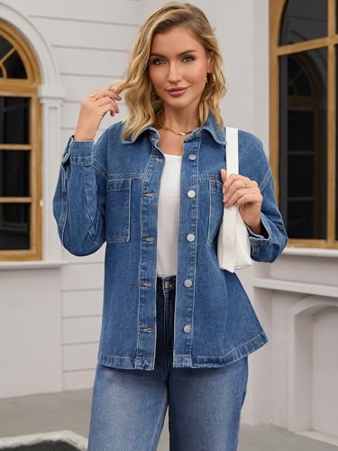 Womens Denim Jacket Casual Long Sleeve Patch Pocket Boyfriend Oversized Jean Jackets3