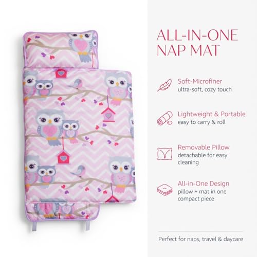 Image of EVERYDAY KIDS Nap Mat with Removable Pillow - Carry Handle with Straps Closure, Rollup Design, Soft Microfiber for Preschool, Daycare, Travel Sleeping Bag - Sweet Owls