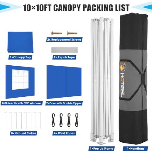Image of HOTEEL 10x10 Pop Up Canopy Tent for Party with Sidewalls,Heavy Duty Commercial Instant Waterproof Gazebo,UV 50+ with Silver Coated, Upgraded Thickened Hexagonal Legs, Blue
