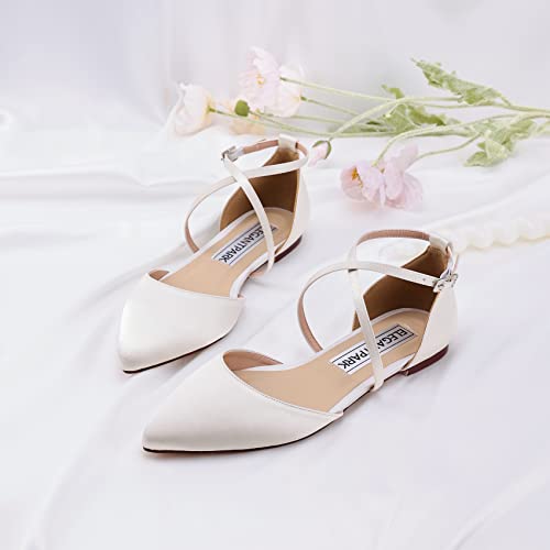 ELEGANTPARK FC2322 Comfortable Wedding Flats Pointed Toe Flats for Women Ankle Straps Satin Shoes for Women Dressy Low Heel Ivory US 11