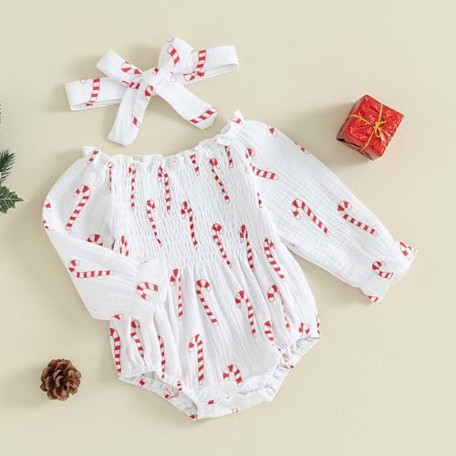 Infant Baby Girl Christmas Outfit Cotton Linen Smocked Bodysuit Long Sleeve Romper with Headband2