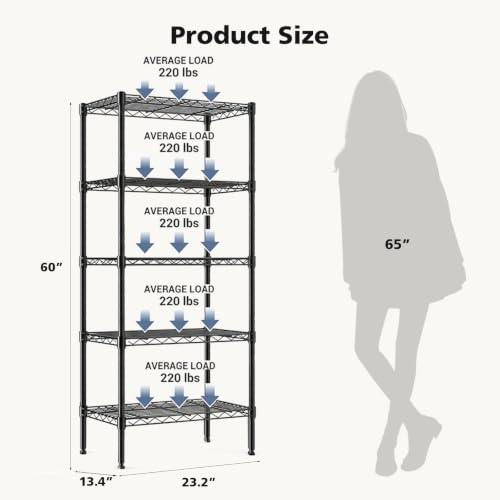 Image of DUMOS 5-Tier Metal Wire Storage Shelves, Adjustable Standing Storage Rack Shelf, Heavy Duty Steel Shelving Unit Organizers for Kitchen Bathroom Pantry Garage, 23.2 inch Wx13.4 Dx59.8 H, Black