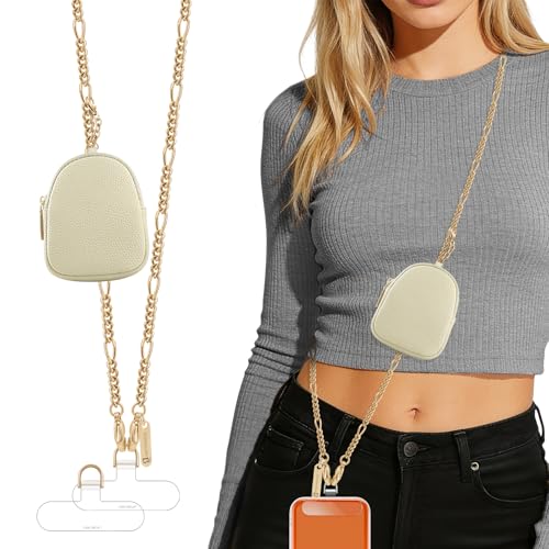 Derraffina Phone Crossbody Strap With Wallet 47.24in Phone Chain Clip And Go strap With zippered pouch 1x clasp 2x Clear Tether Tabs For Shopping Travelling(Gold)