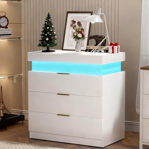 Nightstand with Charging Station and LED Lights,Large Night Stand with