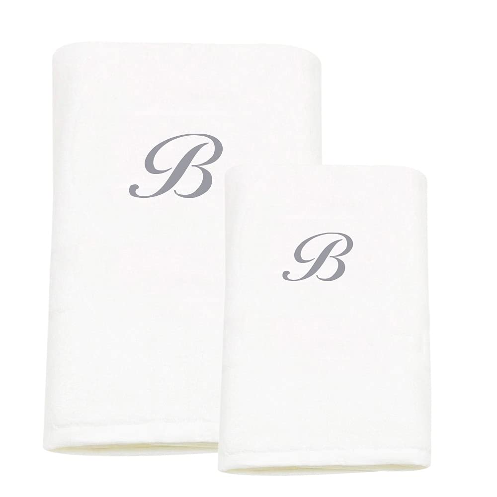 BYFTEmbroidered For You (White) Luxury Monogrammed Towels (Set of 1 Hand & 1 Bath Towel) 100% Cotton, Highly Absorbent and Quick dry,Classic Hotel and Spa Quality Bath Linen-600 Gsm (Silver Letter B)