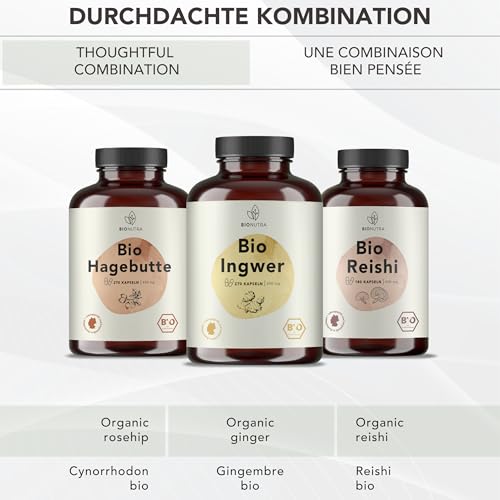 BIONUTRA© Bio Ingwer Kapseln, 270 Stück à 650 mg hochdosiert, vegan & ohne Zusätze, Rückstandskontrolliert, Deutsche Herstellung aus Ingwer Bio Wurzelpulver