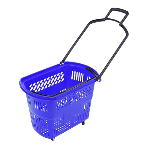 TITIDU Rolling Shopping Baskets, 35L 6PCS Trolley Rolling Shopping Baskets Plastic with Handles and Wheels, Shopping Basket Plastic Rolling Shopping Basket (Blue)