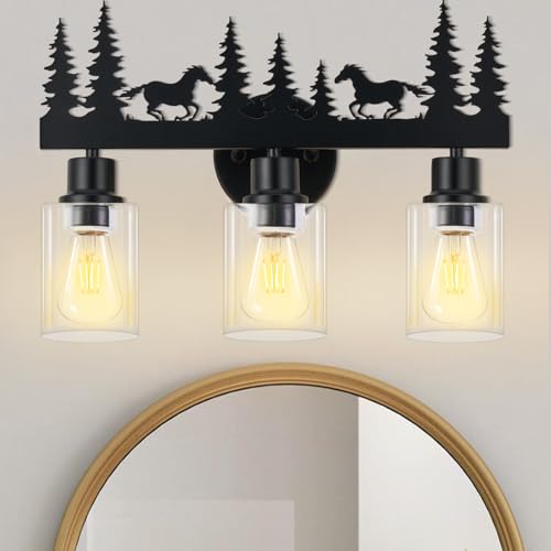 Image of Rustic Bathroom Light Fixtures,Farmhouse Vanity Light,Horse Style | 3-light Clear Glass lamp,Farmhouse rustic style, Black Wall Lighting for Bathroom,Hallway,Kitchen,Porchn