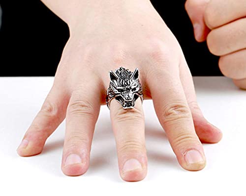 LIANXIAOXAO - Nhlzj Norse Viking Fierce Black Wolf Skull Cabeça Amuleto Anel de Banda, Homem Vintage