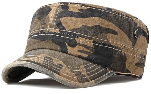 XYIYI Retro Washed Military Caps Cotton Cadet Army Caps Vintage Flat Top Cap, Caffè Camouflage, taglia unica