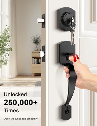 Image of Tinewa Camelot Black Front Door Handle and Deadbolt Set, Front Door Lock Set, Matte Black Finish, Upgated Entry Door Handle with Accent Wave Door Lever with Reversible Handle Lever, 1 Pack