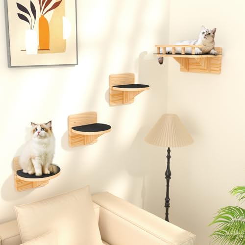 Image of XiaZ Cat Wall Shelves, Cat Wide Climber Shelf with 3 Perch Steps, Kitty Wall Mounted Wooden Furniture up to 25lbs, Durable Floating Cats Stairs for Indoor Sleeping, Playing, Climbing and Lounging